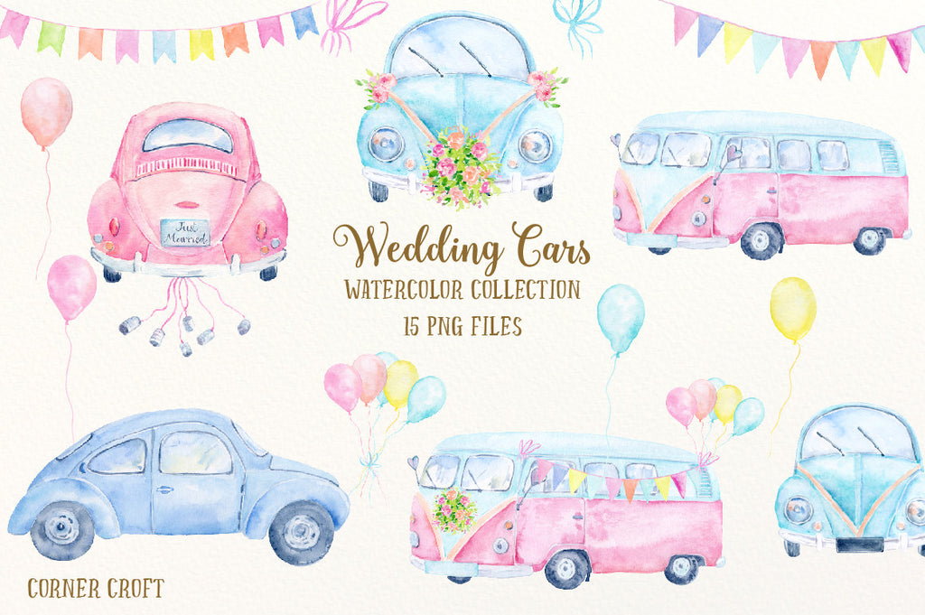 watercolor wedding car, blue car, pink car, camper van, mini bus, vintage vehicle, instant download 