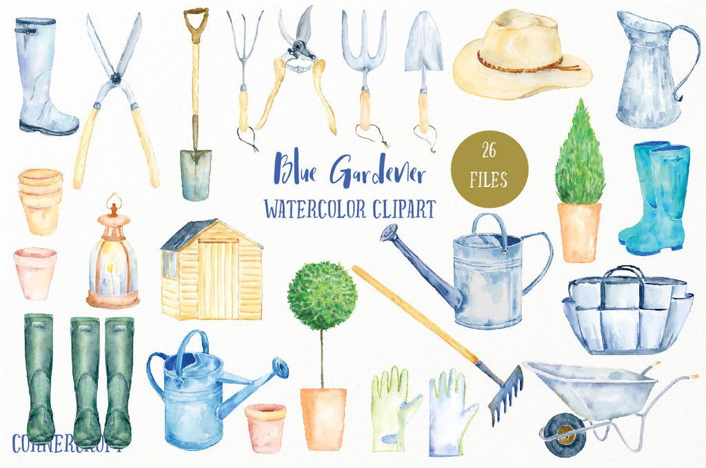 watercolor clipart blue gardener, man's garden tools (fork, trowel, Secateur), man's hat, wellington boots, watering cans, gloves, plant pots,