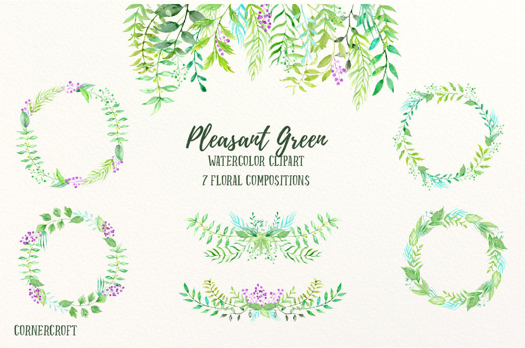 watercolor green leaf wreath, floral arrangement instant download 