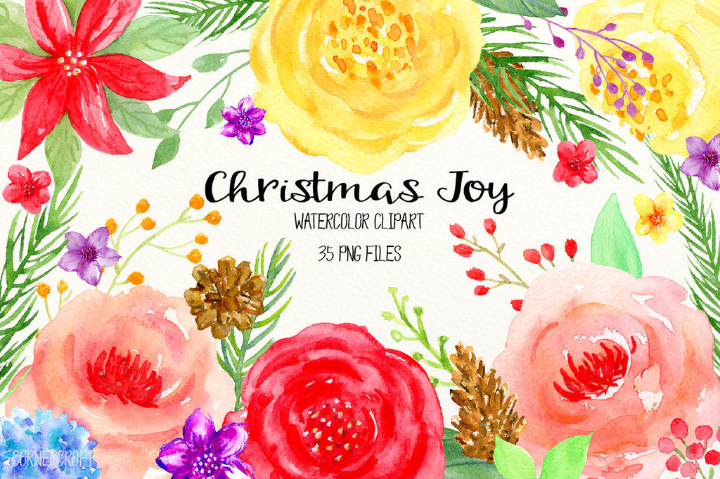 Watercolor clipart Christmas joy, red flower, yellow flower, Christmas flowers