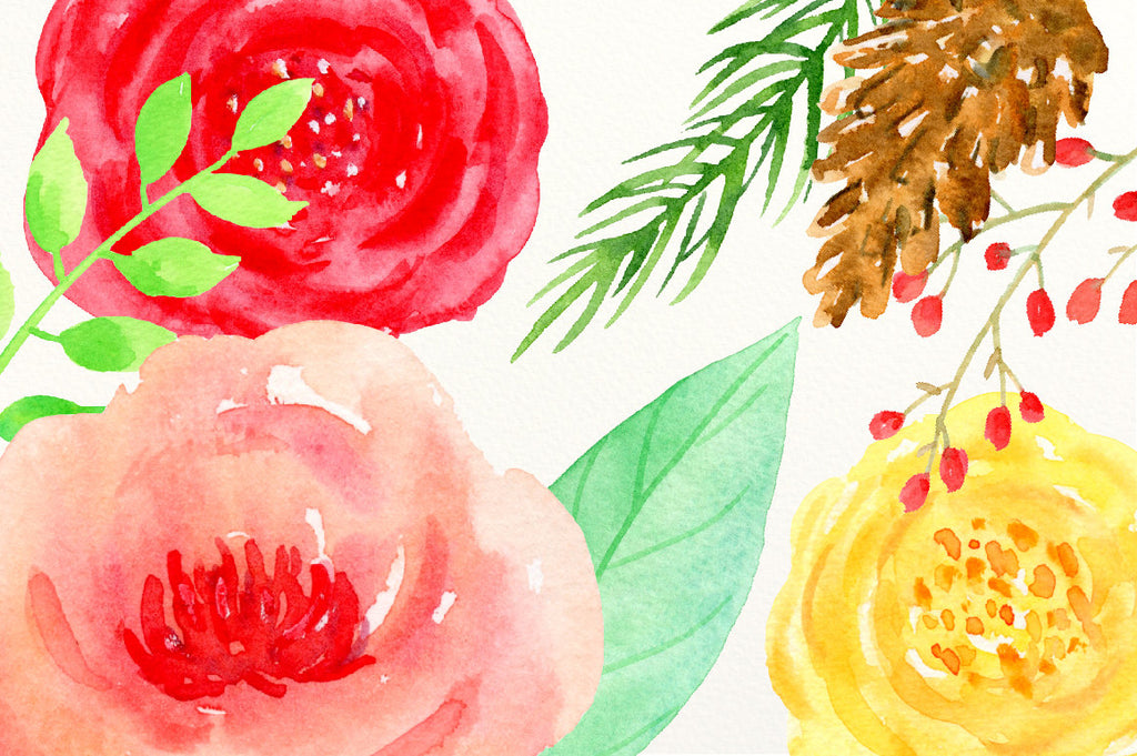 Watercolor clipart Christmas joy, red flower, yellow flower, Christmas flowers