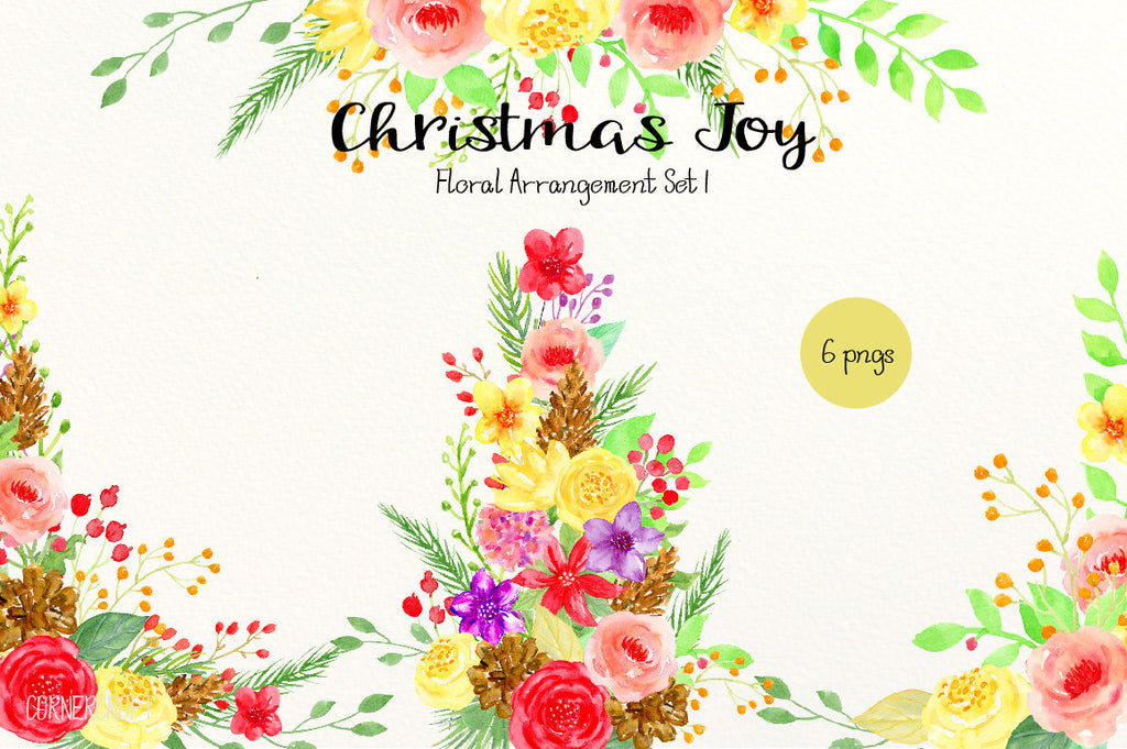 Watercolor Christmas joy, Christmas tree, floral tree, floral corner