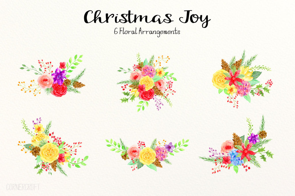 Watercolor Floral Arrangement,  Christmas Joy, Christmas Posy, Christmas Bouquet, red, yellow
