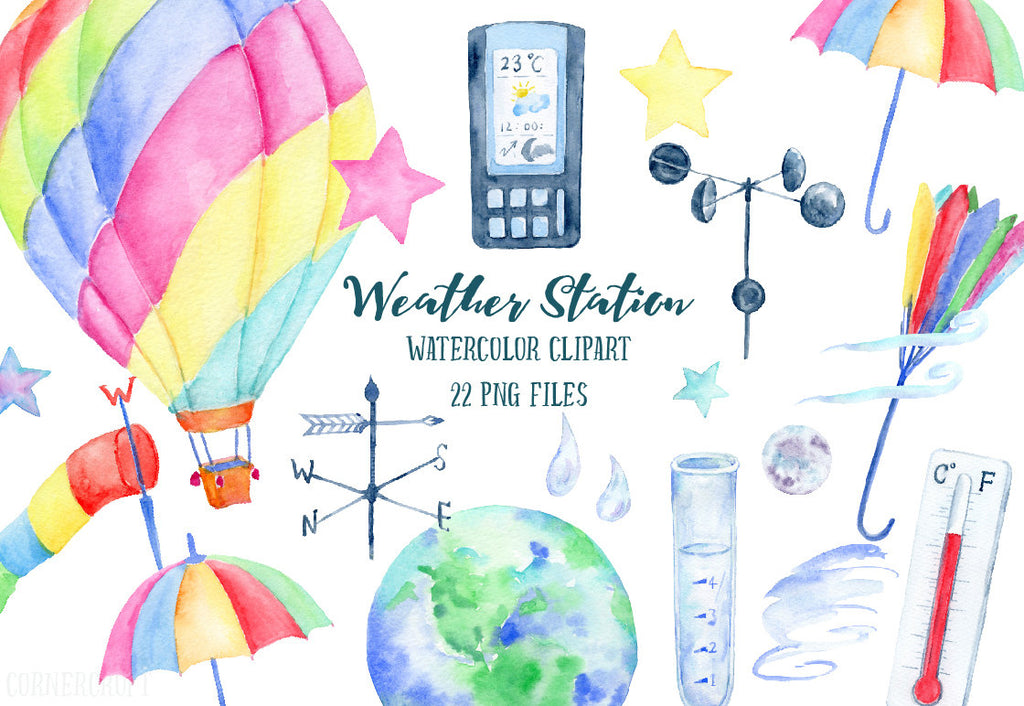 watercolor clipart weather station, hot air balloon, umbrella, anemometer, weathervane, thermometer, wind cone, moon, star, earth, rain drops, wind, wind blown umbrella