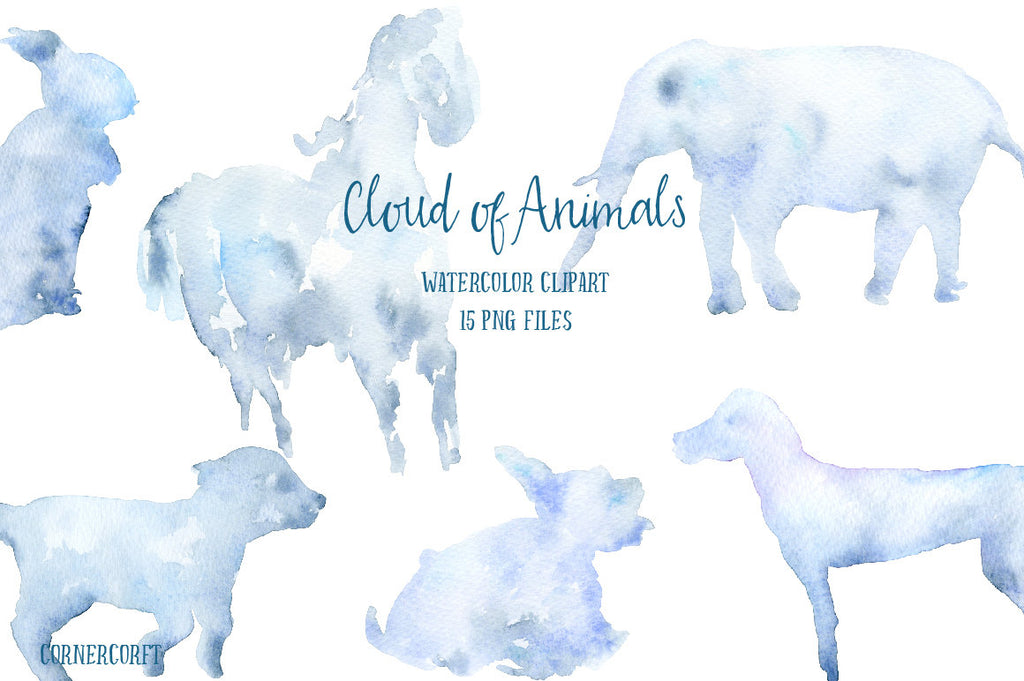 watercolor clipart, cloud of animals, shape of animal in sky, grey color