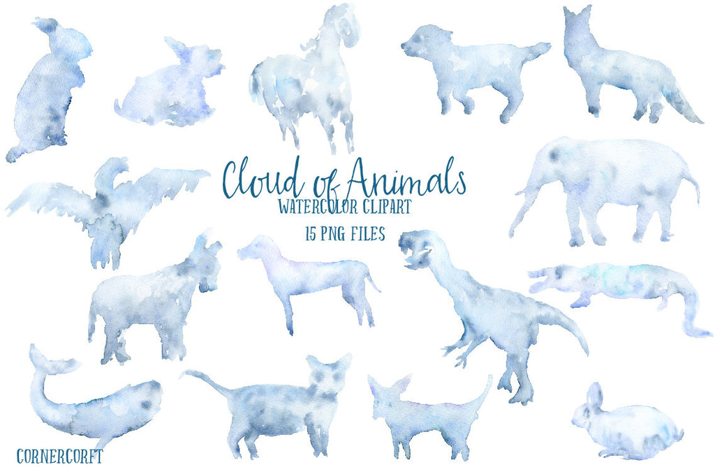 watercolor clipart, cloud in the shape of animals, cloud illustration 