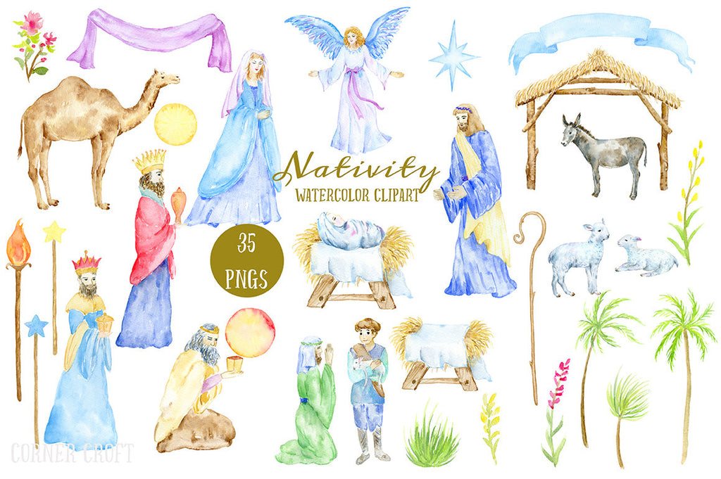 Hand painted watercolor Nativity elements, mary, joseph,angel, baby Jesus, 3 kings, lamb, stable, donkey, camel and decorative elements