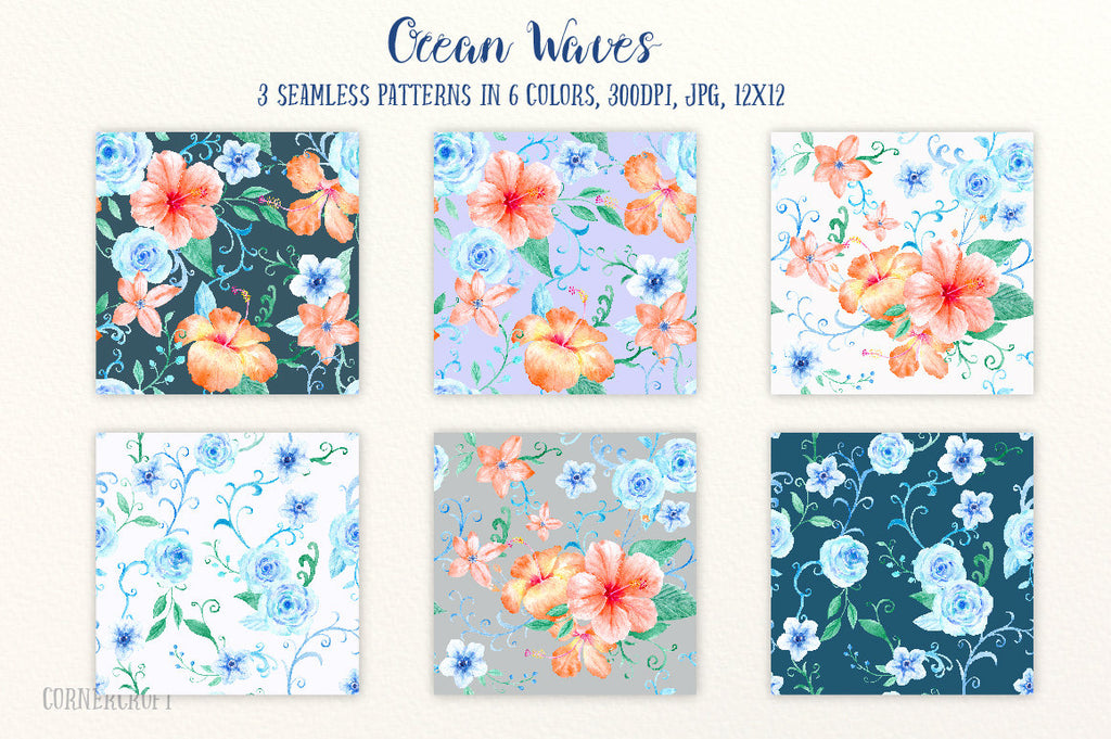 watercolor orange hibiscus, blue roses, swirls and curls, decorative elements,  hibiscus patterns, instant download 