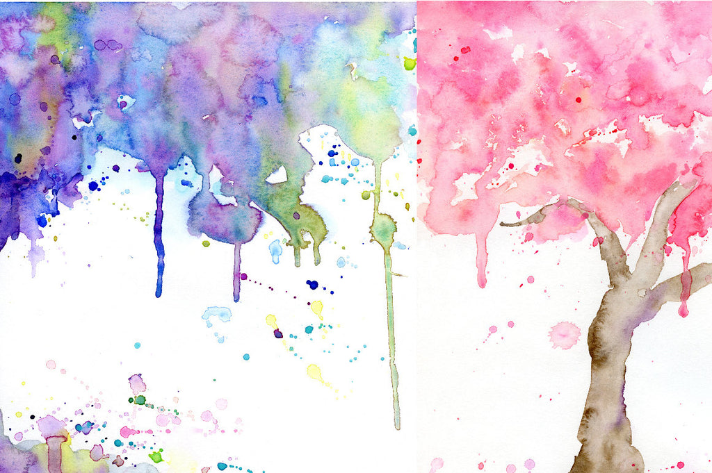 Watercolor clipart abstract tree canopy  for instant download, pink tree, purple tree, green tree, golden tree with paint effect