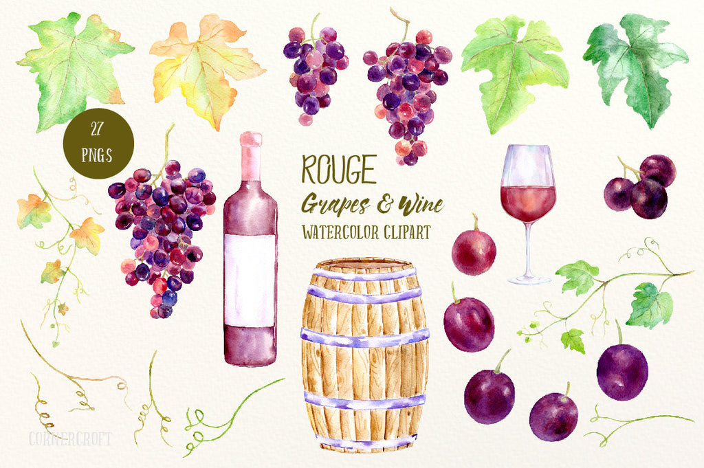 Watercolor Rouge Grapes and Wine, red grapes, vines, bottle of red wine, wine barrel, glass wine, printable for instant download