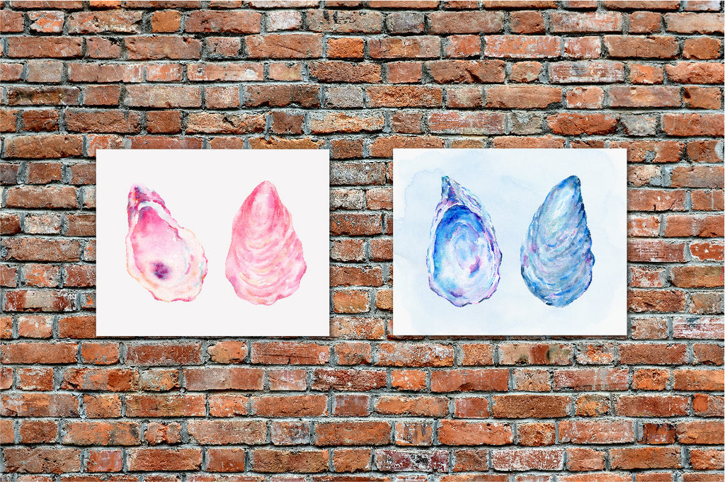  watercolor oyster shells, blue, purple and pink oyster shells, oyster shell print