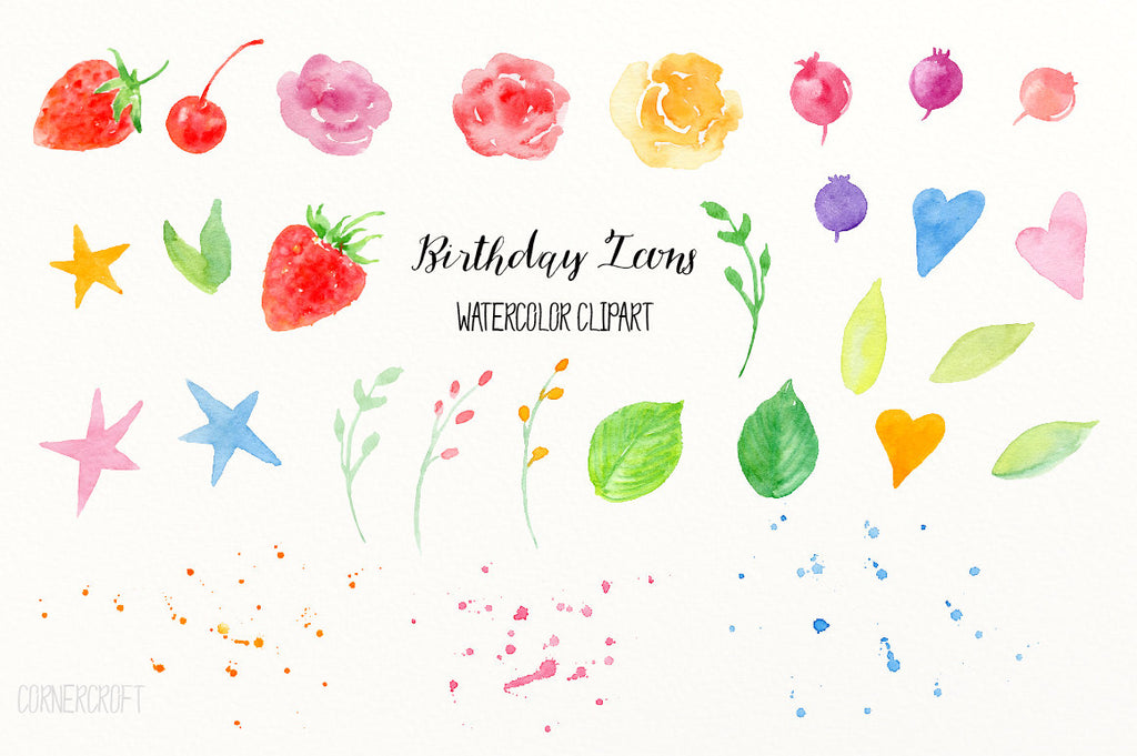 birthday icons, watercolor, ribbons, cake, hand painted, birthday clipart, clipart,birthday cake, banner, card, illustration