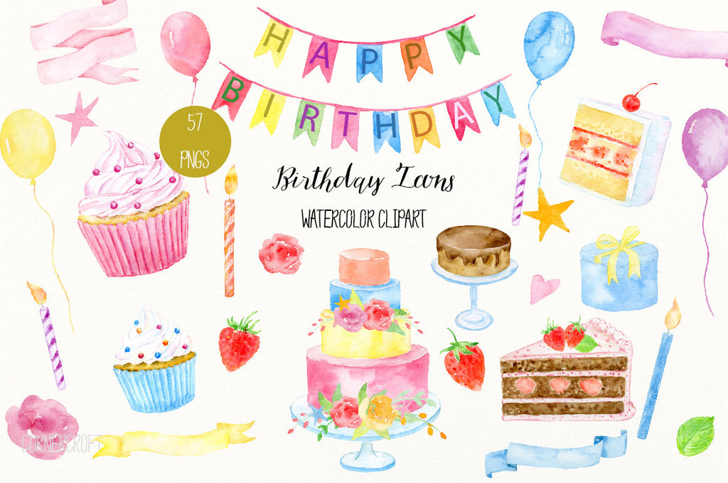 birthday icons, watercolor, ribbons, cake, hand painted, birthday clipart, clipart,birthday cake, banner, card, 