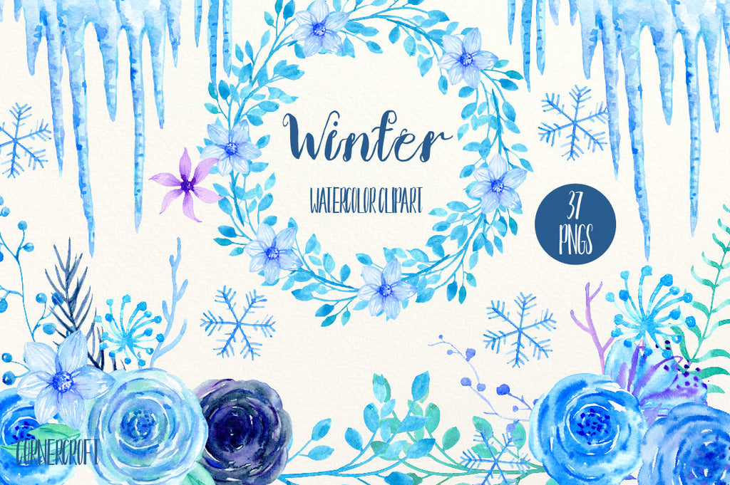 Blue flower clip art, Winter, watercolor blue & purple roses, flower, icicles and snowflake, floral arrangement, wreaths for instant download