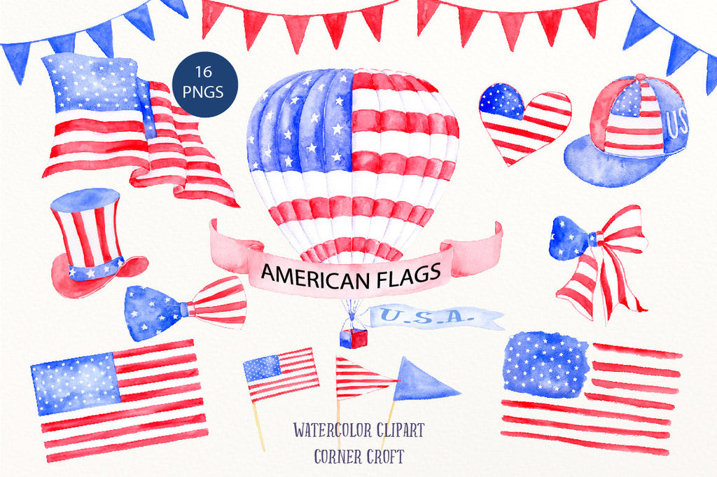 watercolor clip art, watercolor, blue, red, American flag, America hat, bow tie, hot air balloon