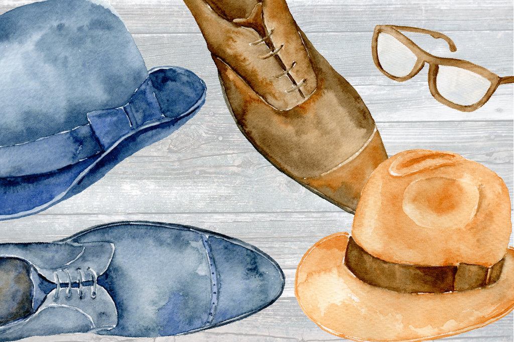 Watercolor clip Art Gentleman's Wardrobe, men's hat, shoes, glasses for download 