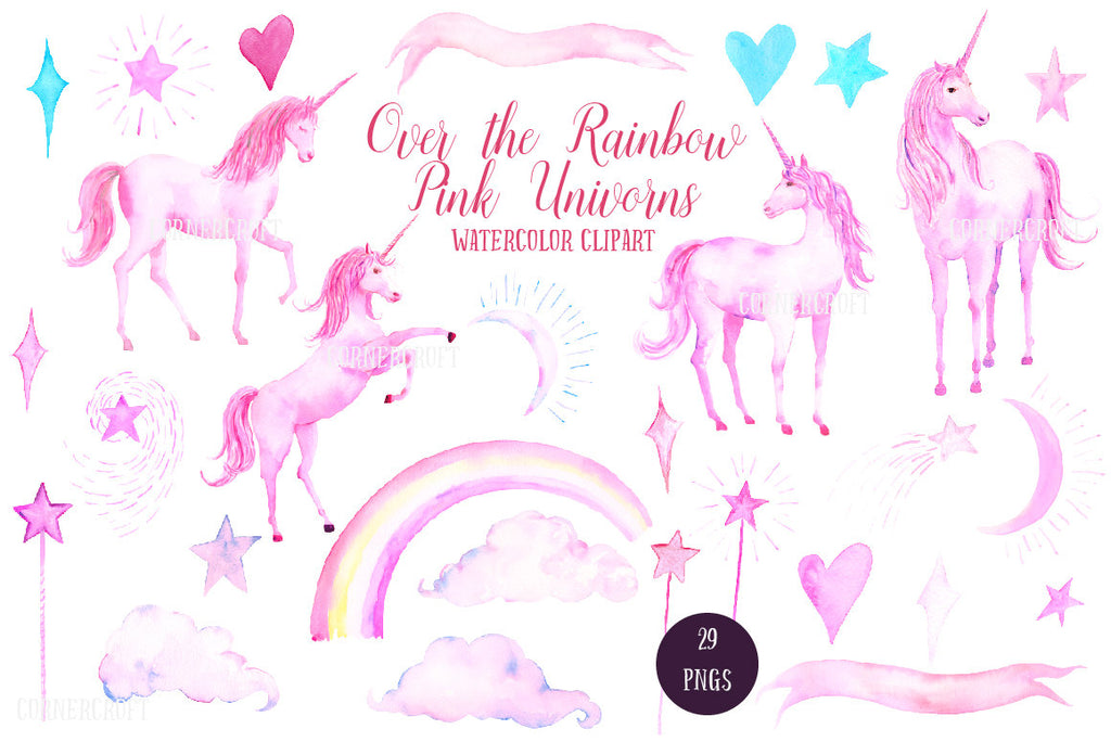 watercolor pink unicorn, heart, moon, star, cloud and pink rainbow