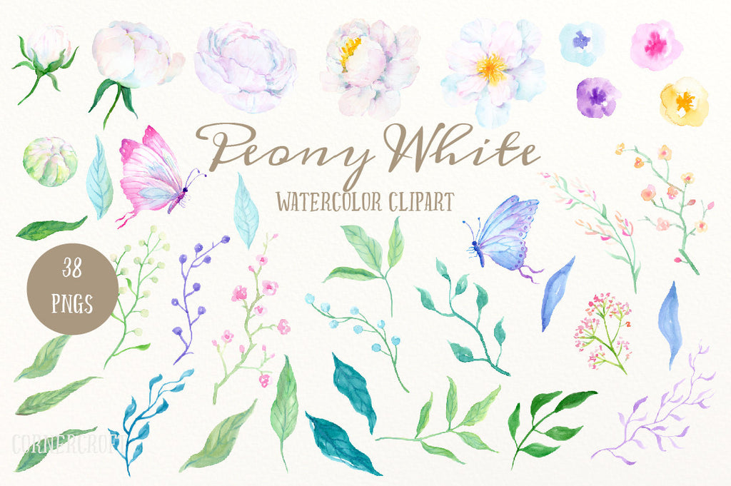 Hand painted variety of white white peonies, leaf, berries, butterflies, and decorative elements for instant download