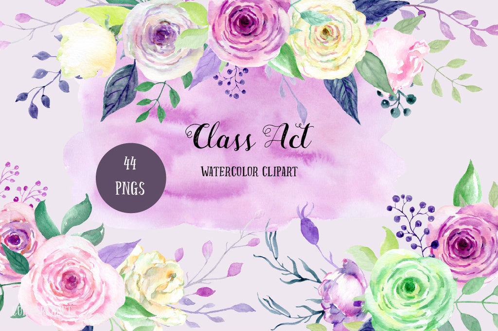 Hand painted watercolor subtle green, pink and purple roses, decorative elements, background texture and floral arrangements for instant download