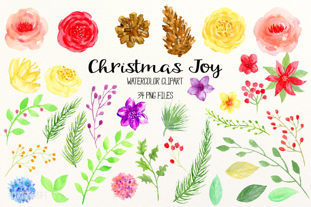 festive flower elements digital download, watercolor flower, Christmas flowers, rose, berry and poinsettia 
