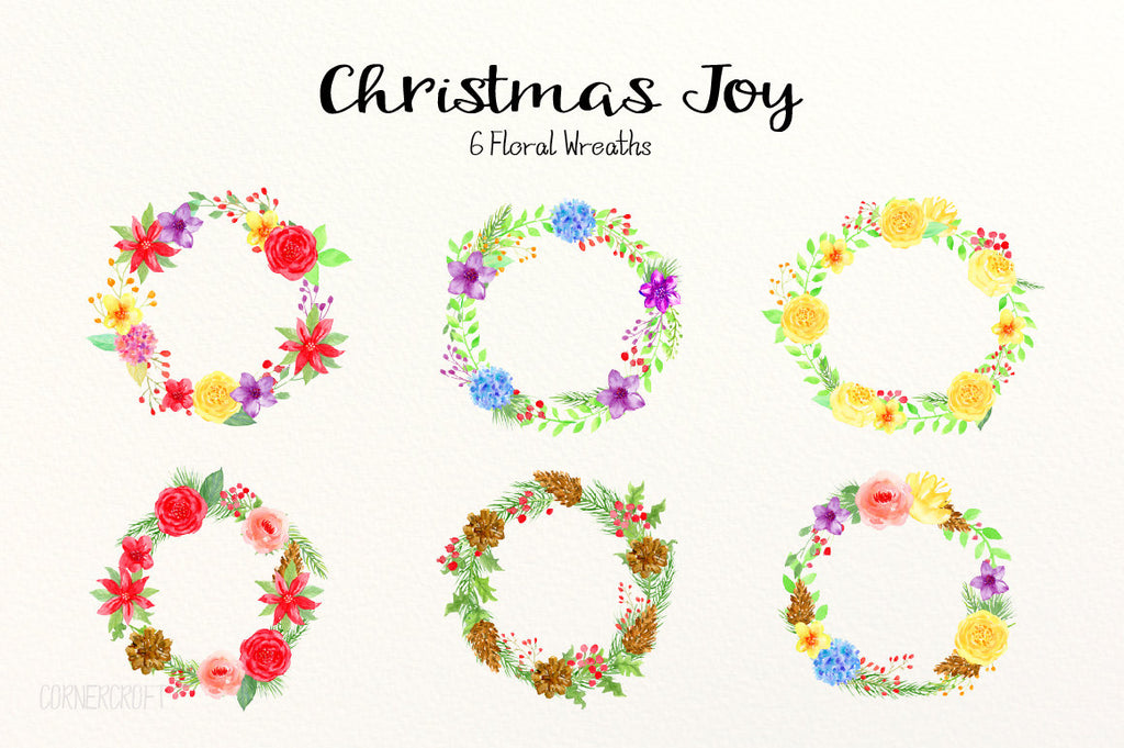 Watercolor Christmas Joy, Christmas wreath, red flower, yellow flower, corner croft