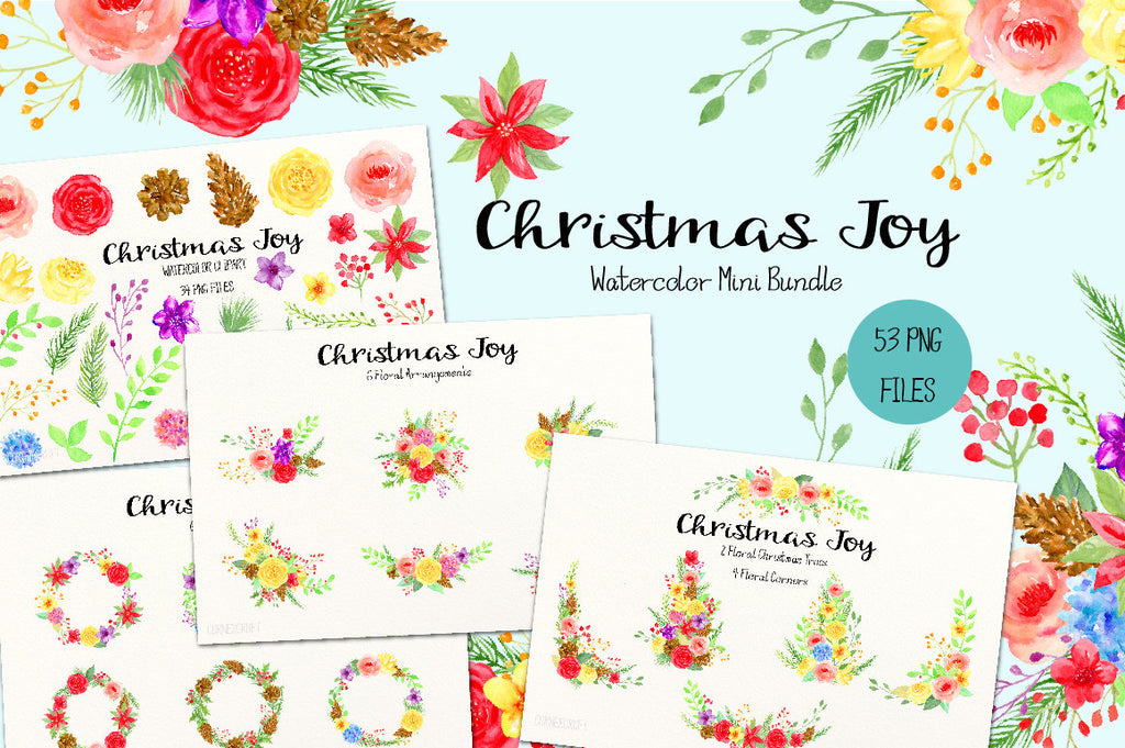 Watercolor clipart bundle Christmas joy, red flower, yellow, floral tree, floral posy