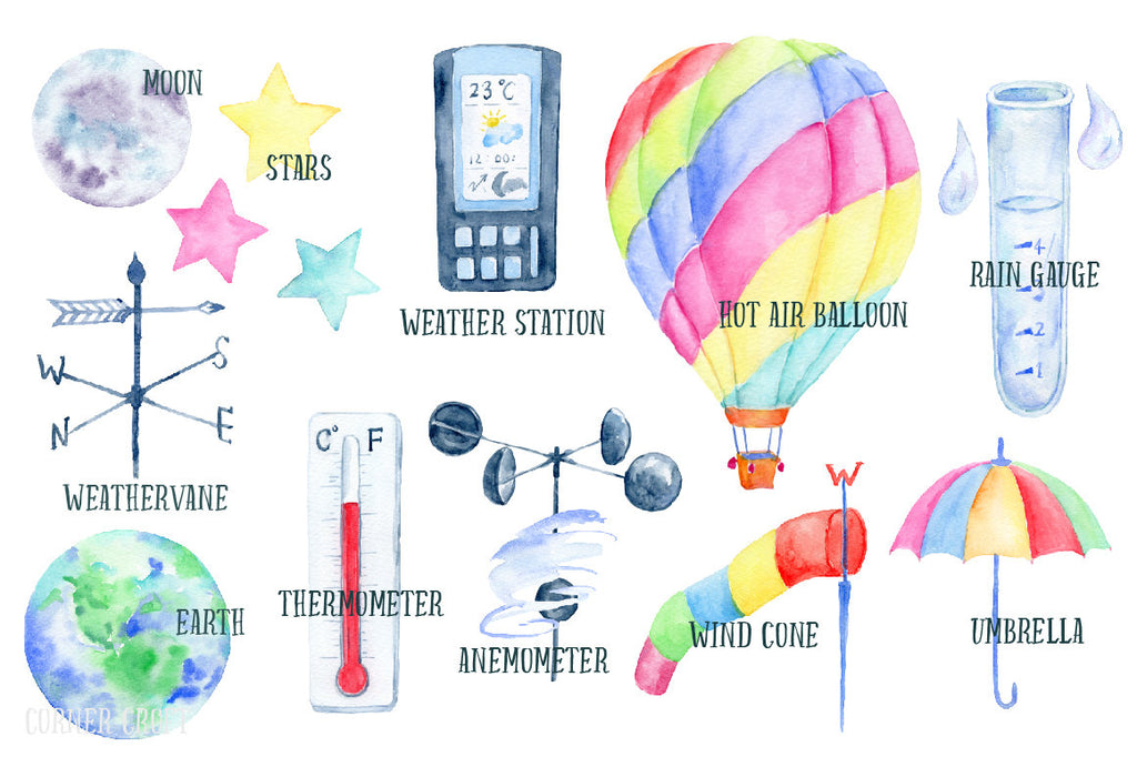 watercolor clipart weather station, hot air balloon, umbrella, anemometer, weathervane, thermometer, wind cone, moon, star, earth, rain drops, wind, wind blown umbrella