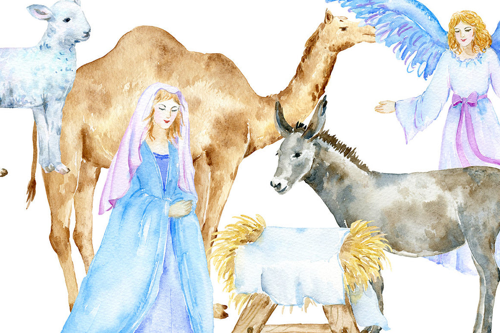 Hand painted watercolor Nativity elements, mary, joseph,angel, baby Jesus, 3 kings, lamb, stable, donkey, camel and decorative elements