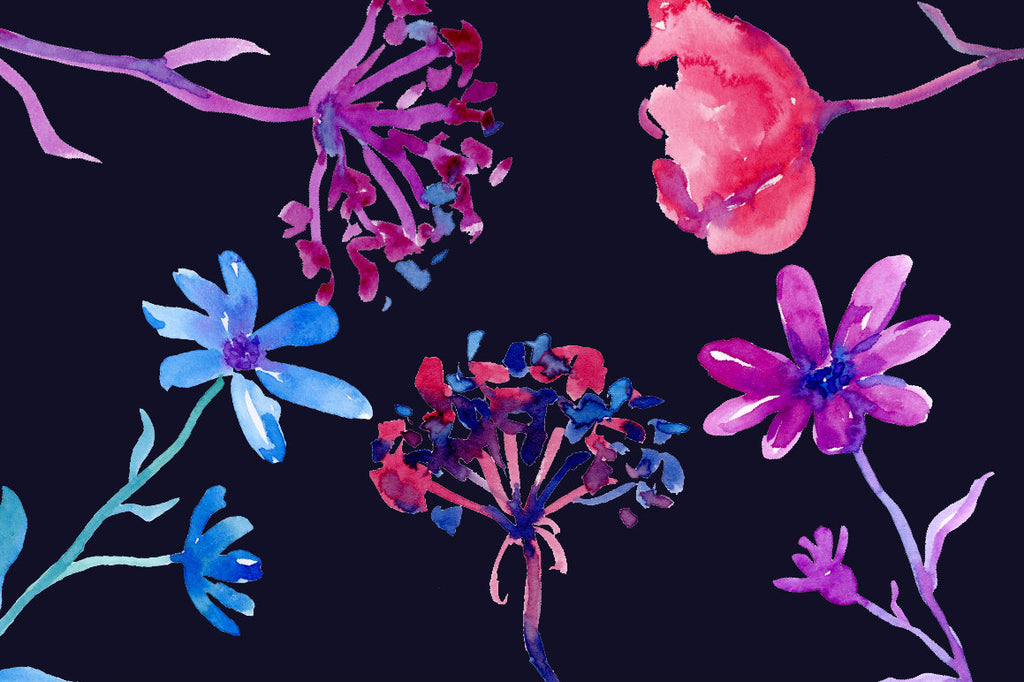 Watercolor clipart Purple Field, dark field flowers, deep blue and deep purple, field flowers, floral borders for instant download
