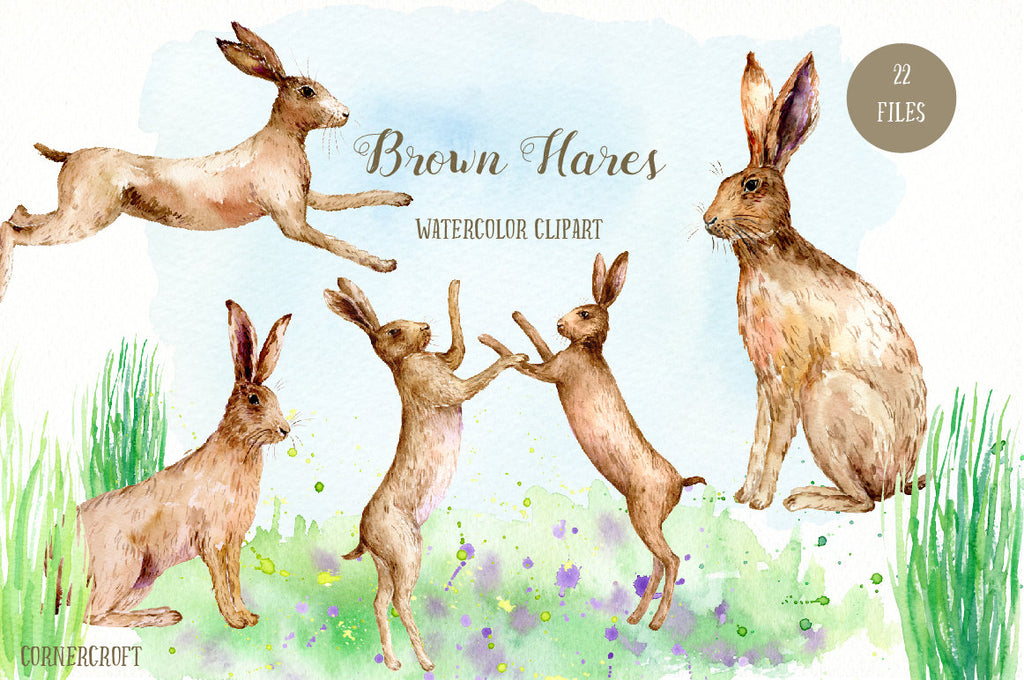 Hare Clip Art, Watercolor Clipart Brown Hares, brown hare, running, fighting, rabbit clip art