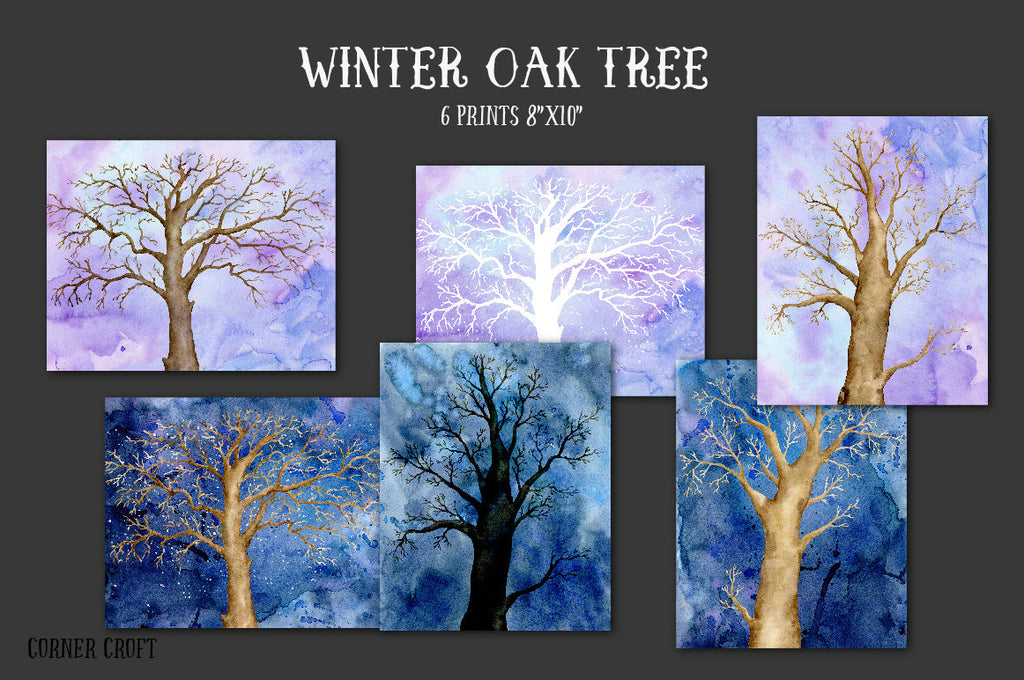 Hand painted large bare oak trees, tree branches, art prints 