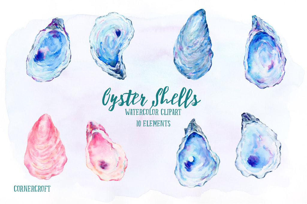 watercolor oyster shells, blue, purple and pink oyster shells