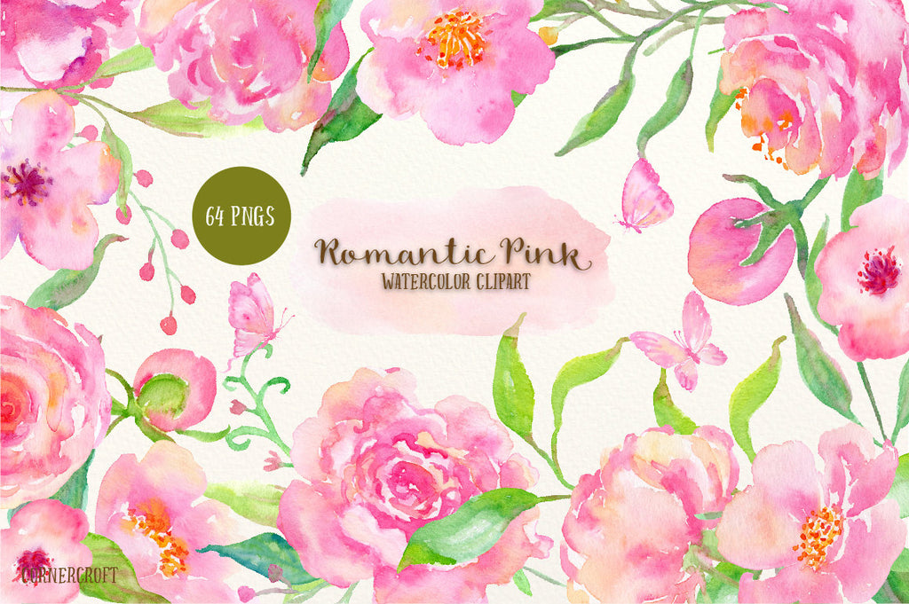 Pink Flower Clip art, Watercolor Clipart Romantic Pink - peach and pink peonies, roses, butterflies, leaf elements for instant download