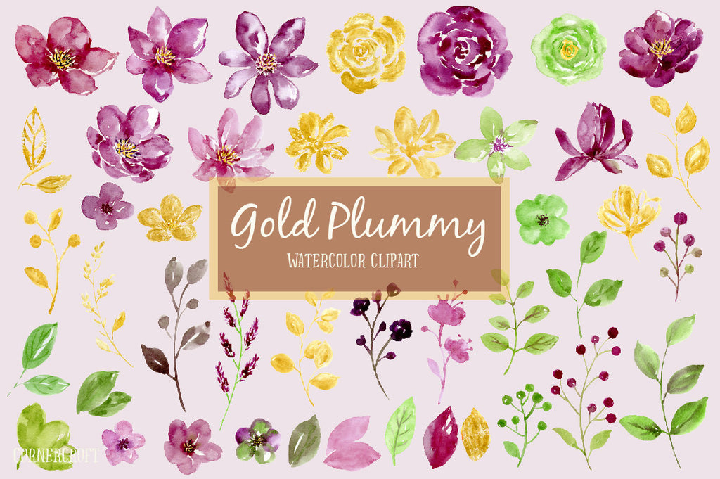 Watercolor Clipart Gold Plummy, plummy flowers, purple flowers, gold flowers, green flowers