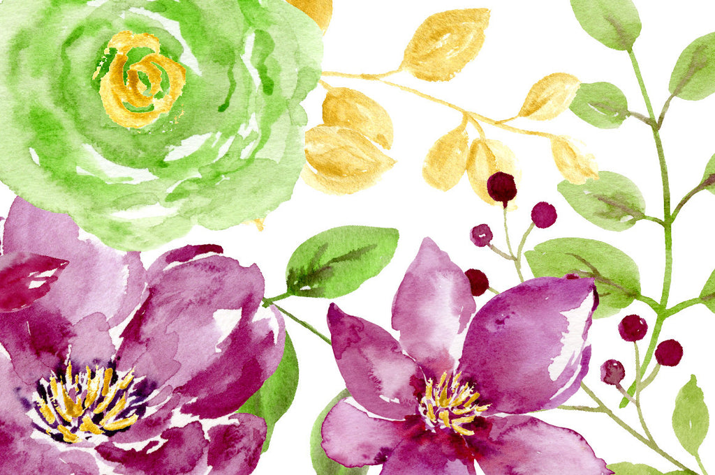Watercolor Clipart Gold Plummy, plummy flowers, purple flowers, gold flowers, green flowers