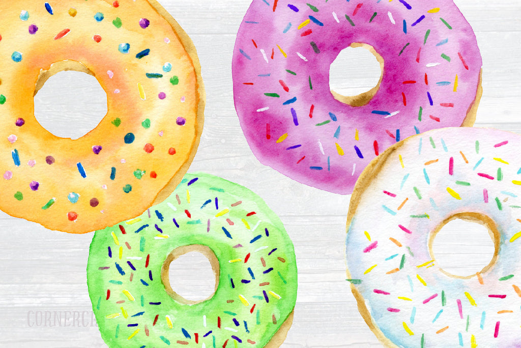 watercolor donut illustration with sprinkles, Corner Croft graphics 