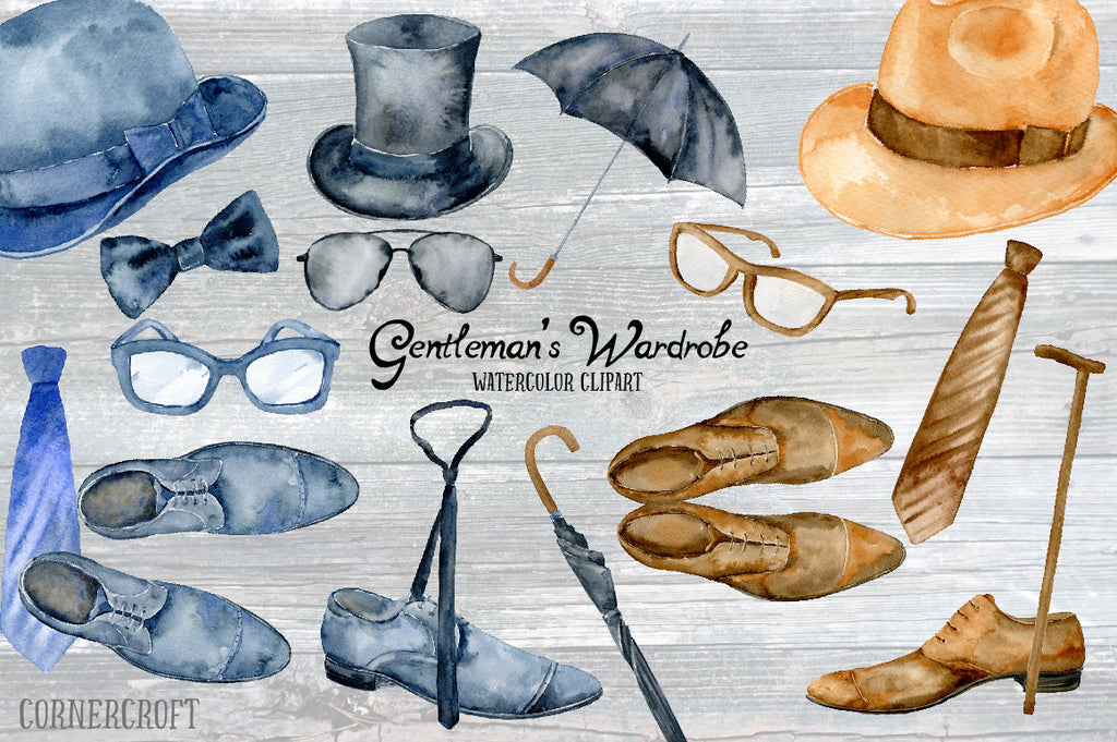 watercolor illustration of mens hat, tie, shoes an accessories 