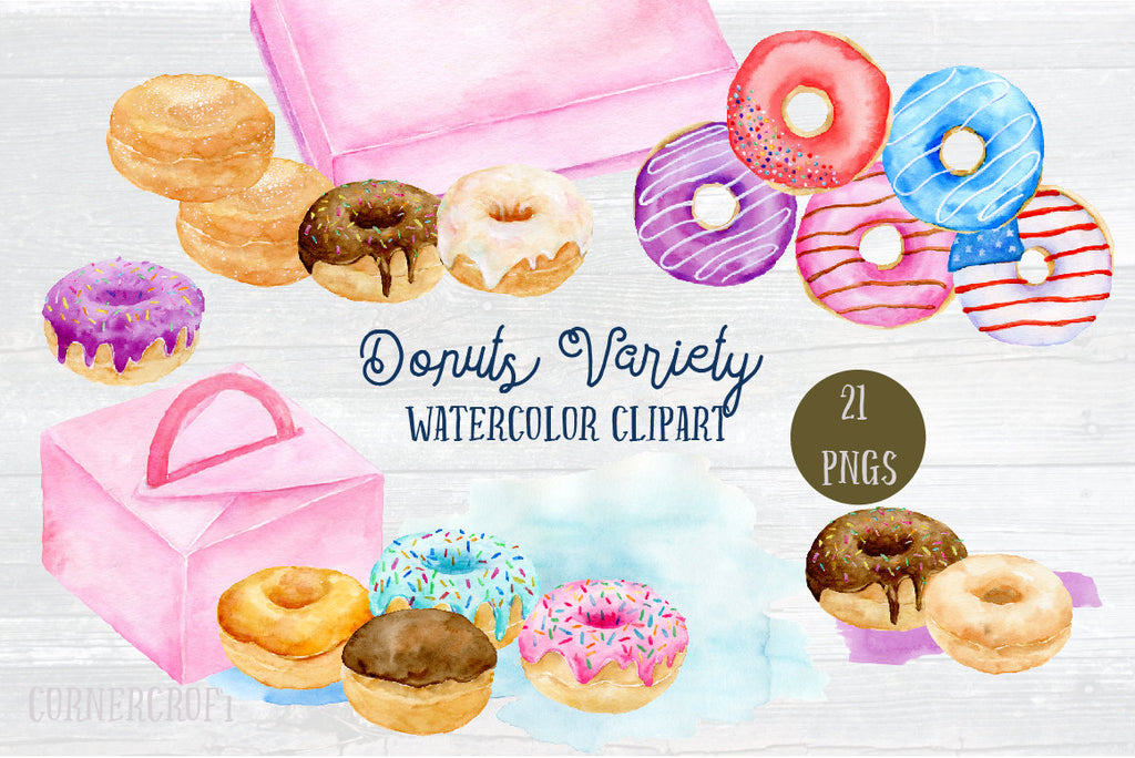 watercolor clipart donut variety, iced donut, pastel donut, USA flag donut