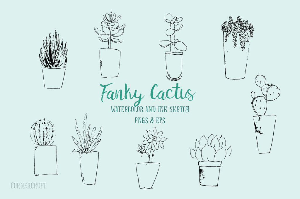 watercolor succulent plants and cactus in pots in watercolor and ink sketch, eps and vector