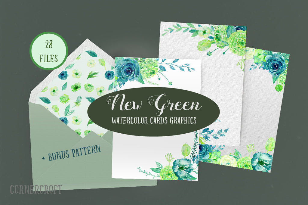 Watercolor Card Graphics New Green, spring flower card graphics for wedding invitations, wedding templates, greeting cards