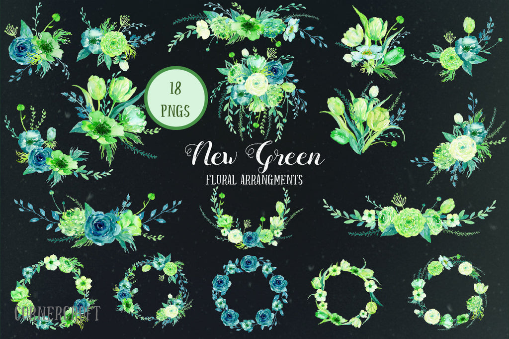 watercolor clipart, Watercolor Collection New Green, roses, ranunculus, tulips, spring flowers