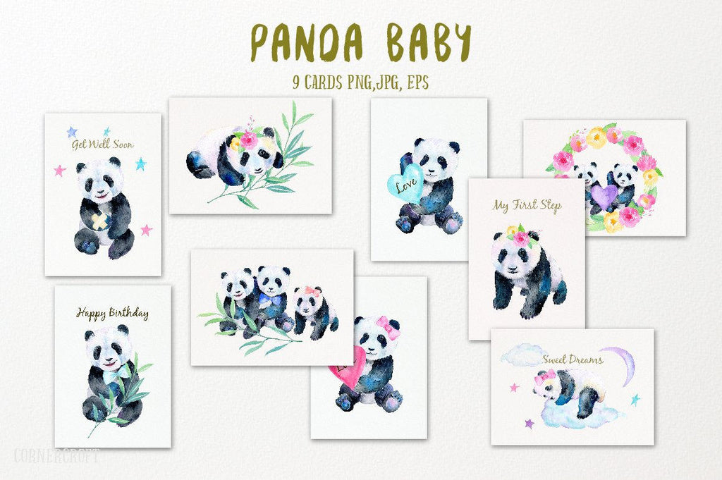 watercolor panda baby card template instant download 