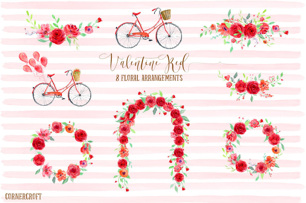 watercolor red bicycle, red bike, red rose wreath, red rose arch, red rose posy, instant download 