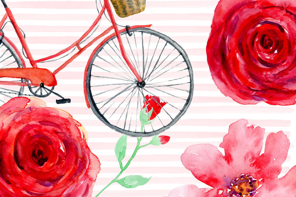 watercolor clipart Valentine red, red bike, red flowers, wedding invitations 