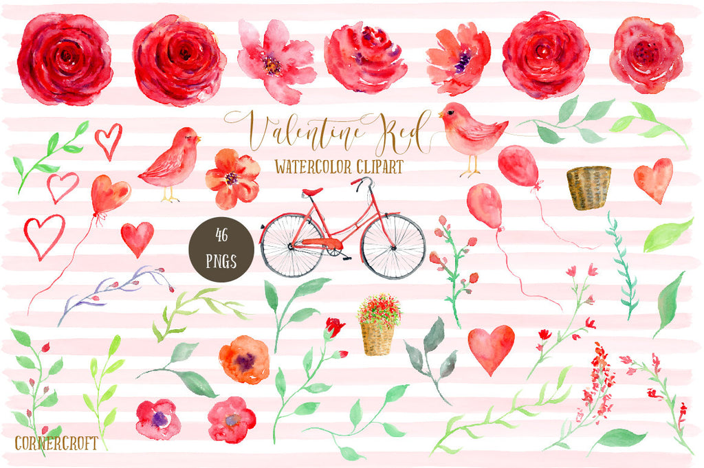 watercolour red roses, red birds, love birds, red bike, wedding arch, watercolor illustration 