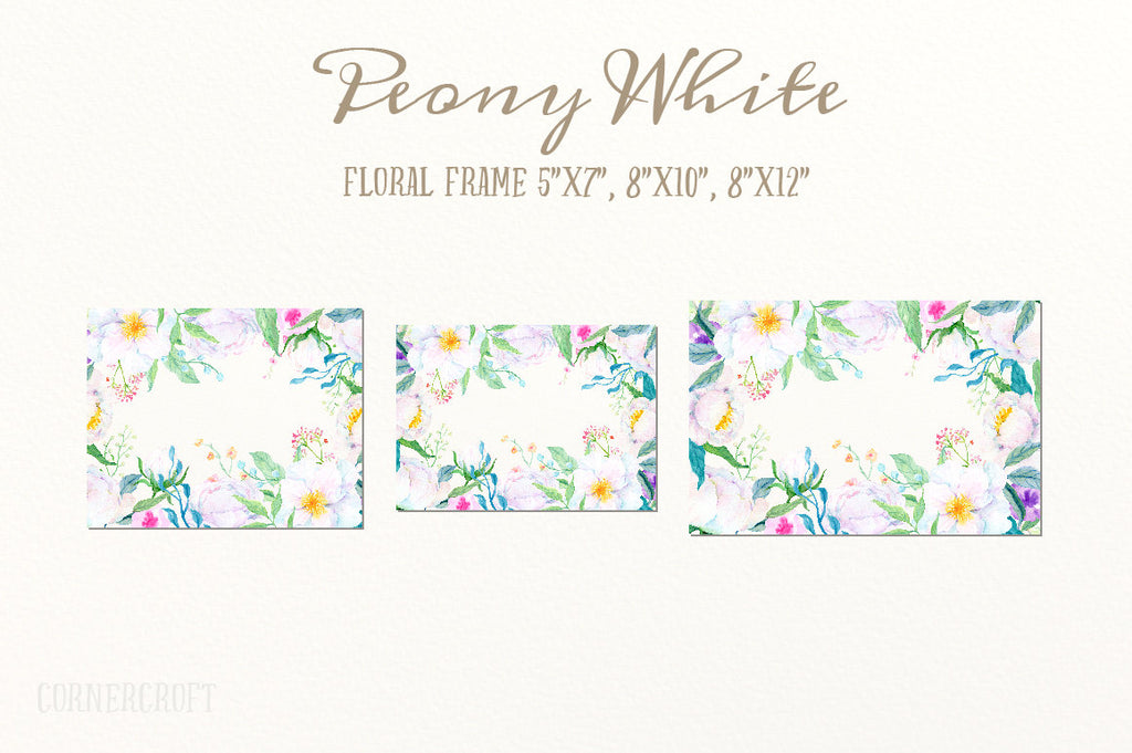 watercolor white peony frame, wedding peony, white peony clipart