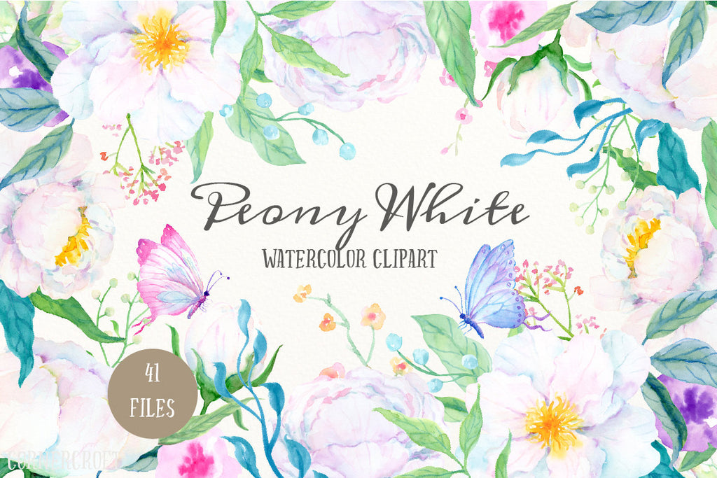 Hand painted variety of white white peonies, leaf, berries, butterflies, and decorative elements for instant download