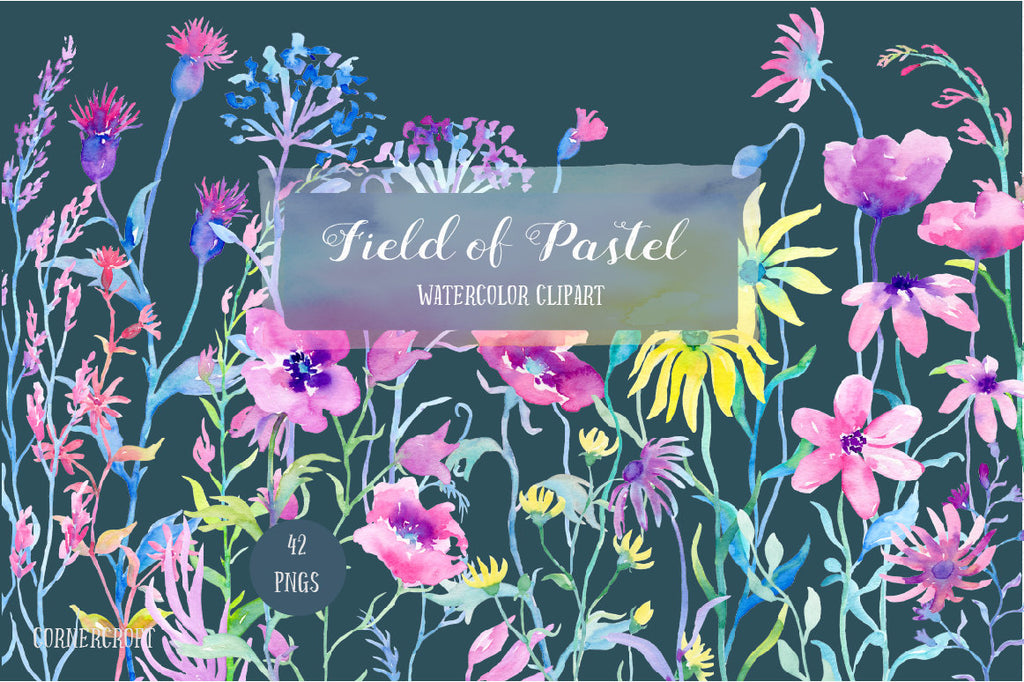 Watercolor clipart Field of Pastel, pastel color meadow flowers, blue, pink, purple floral border, field flowers for instant download