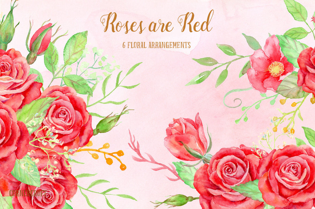 Watercolor Roses Are Red Floral Arrangement, red rose posy, rose bouquet, red rose corner for instant download