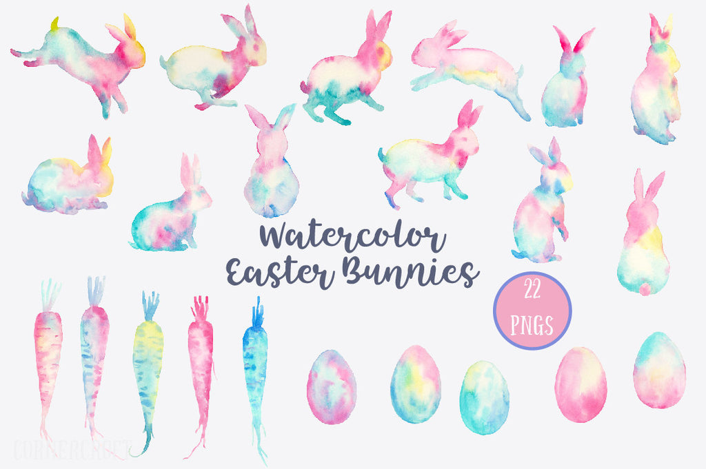 Watercolor Easter bunnies abstract, rabbits, carrots and Easter eggs in pastel color, pink and blue, instant download